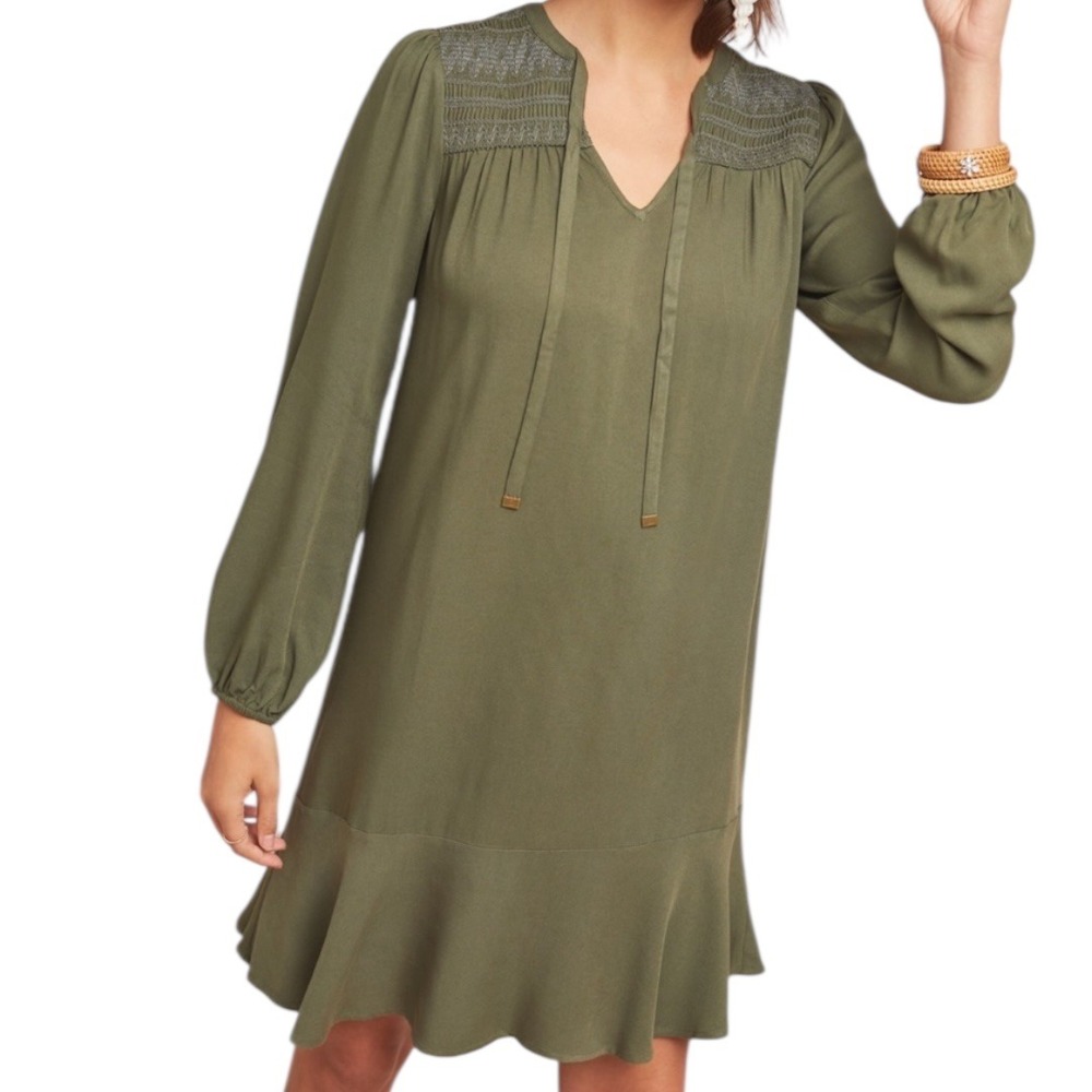 Anthropologie Maeve‎ Ragonda Tunic Dress Moss Green Smocked Long Sleeve Size 12